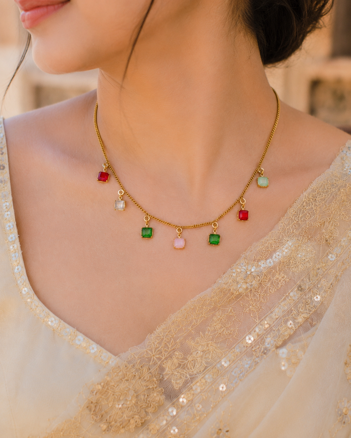 Gold-plated multi-colored glass stone charm necklace