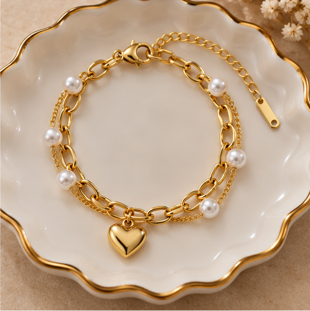 Layered heart pearl chain bracelet