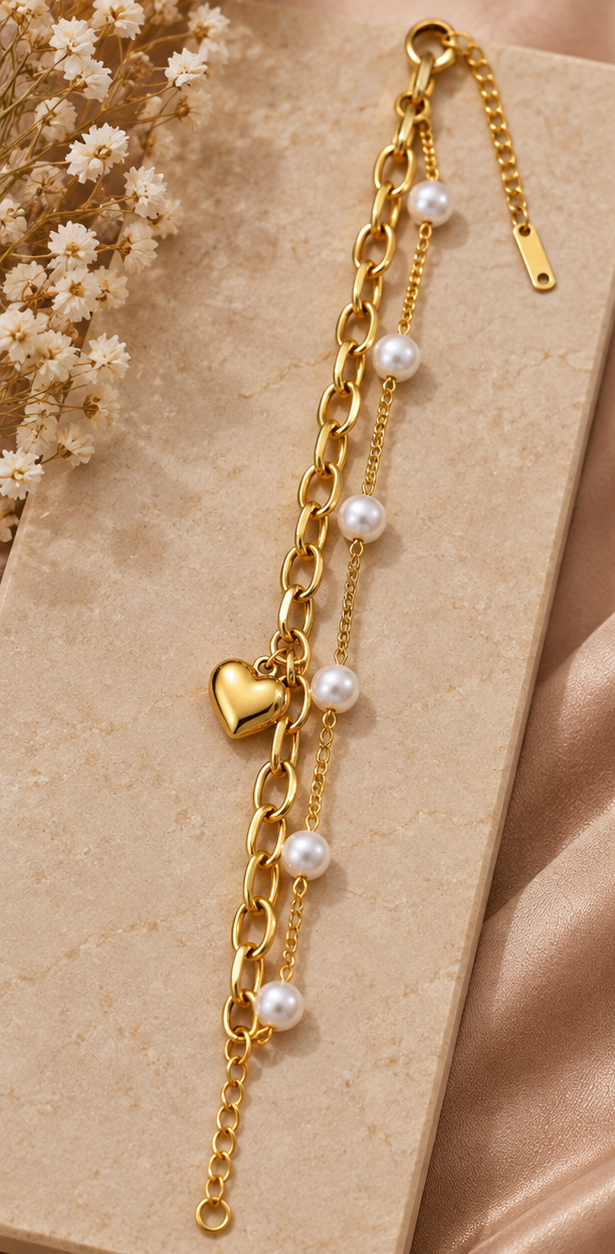 Layered heart pearl chain bracelet