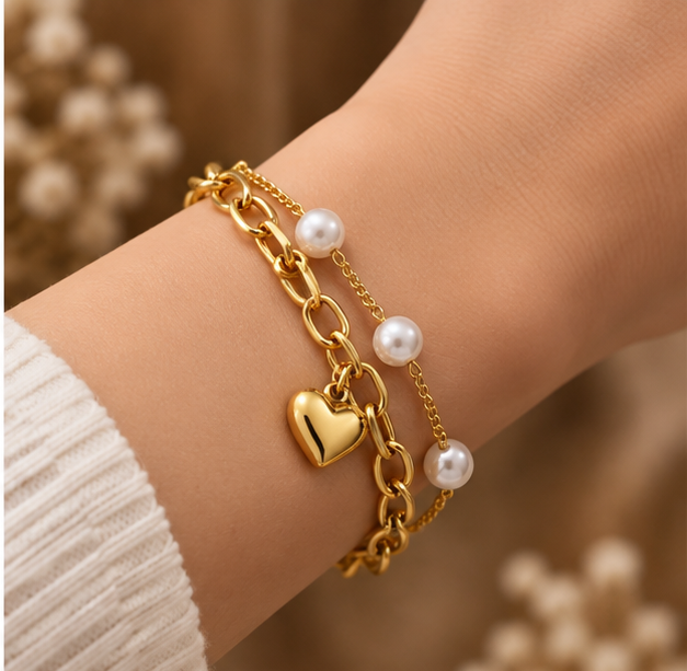 Layered heart pearl chain bracelet
