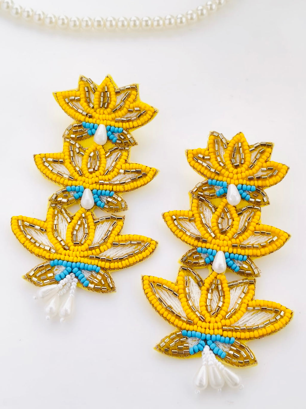 Handmade Three-Tier Beaded Lotus Statement Earrings