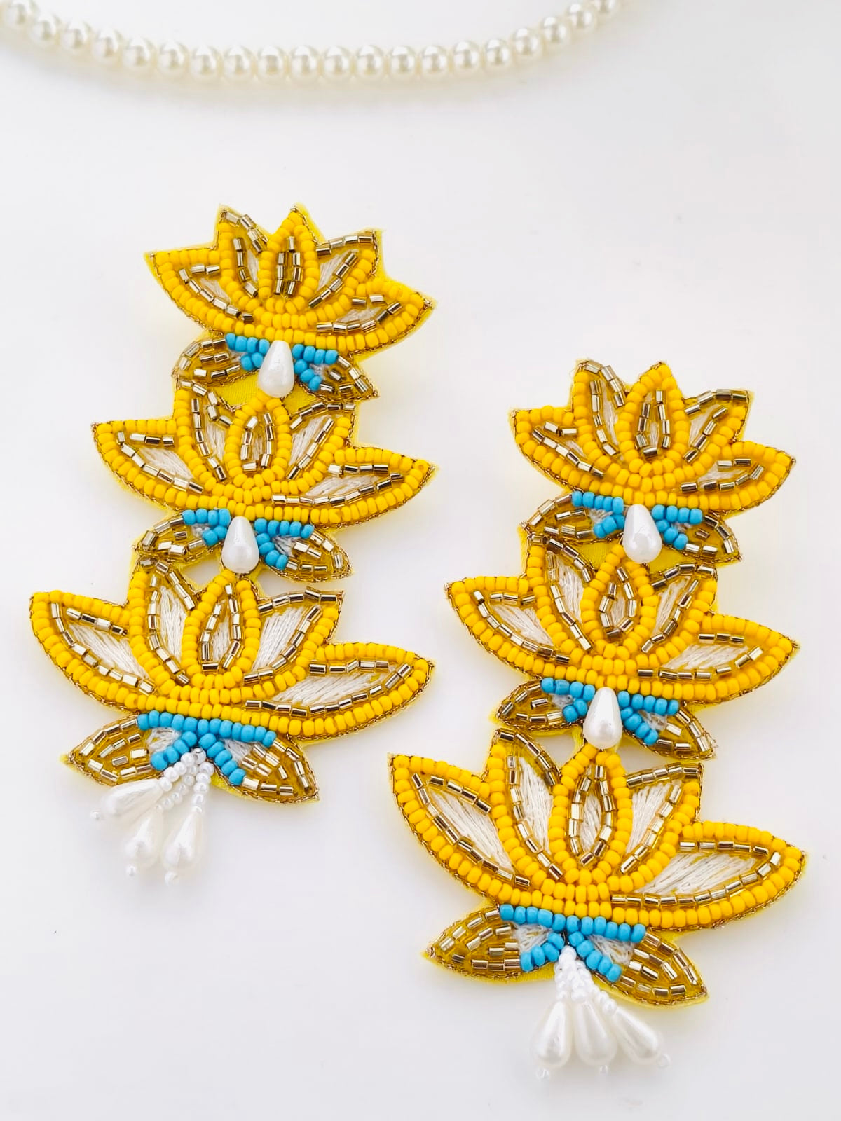 Handmade Three-Tier Beaded Lotus Statement Earrings