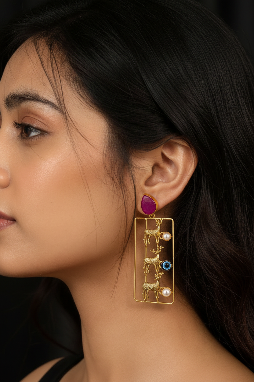 Vintage Indo-Modern Deer & Evil Eye Statement Earrings