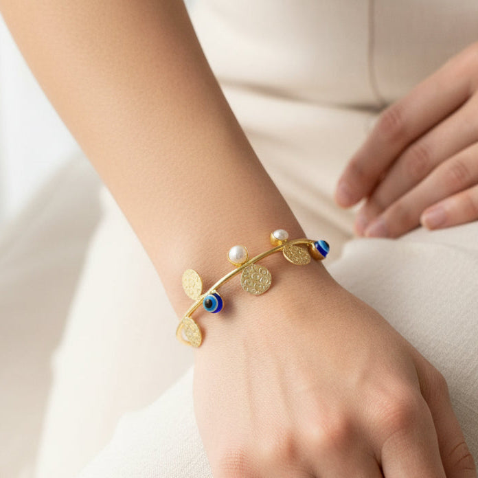 Gold-Plated Evil Eye and Pearl Charm Adjustable Cuff Bracelet
