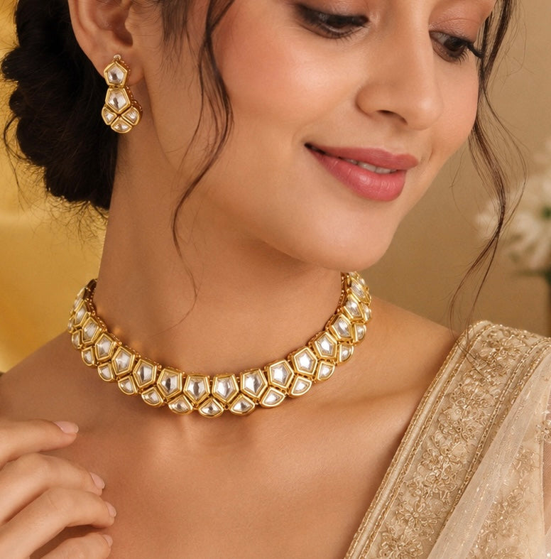 Contemporary Geometric Two-Line Kundan Choker & Earring Set