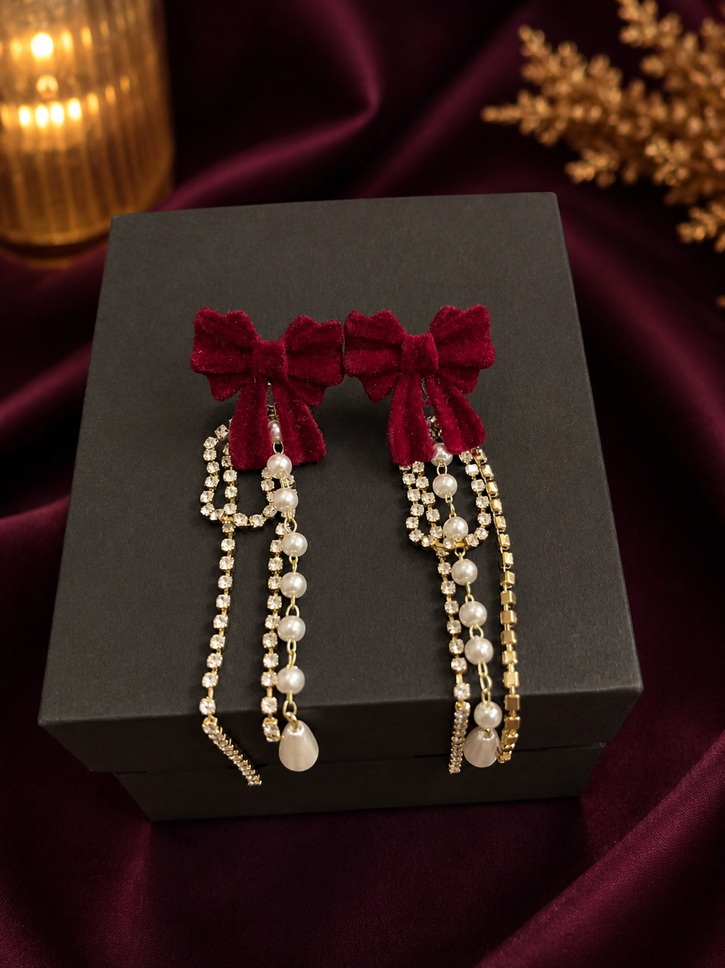 Velvet bow rhinestone and pearl tassel earrings