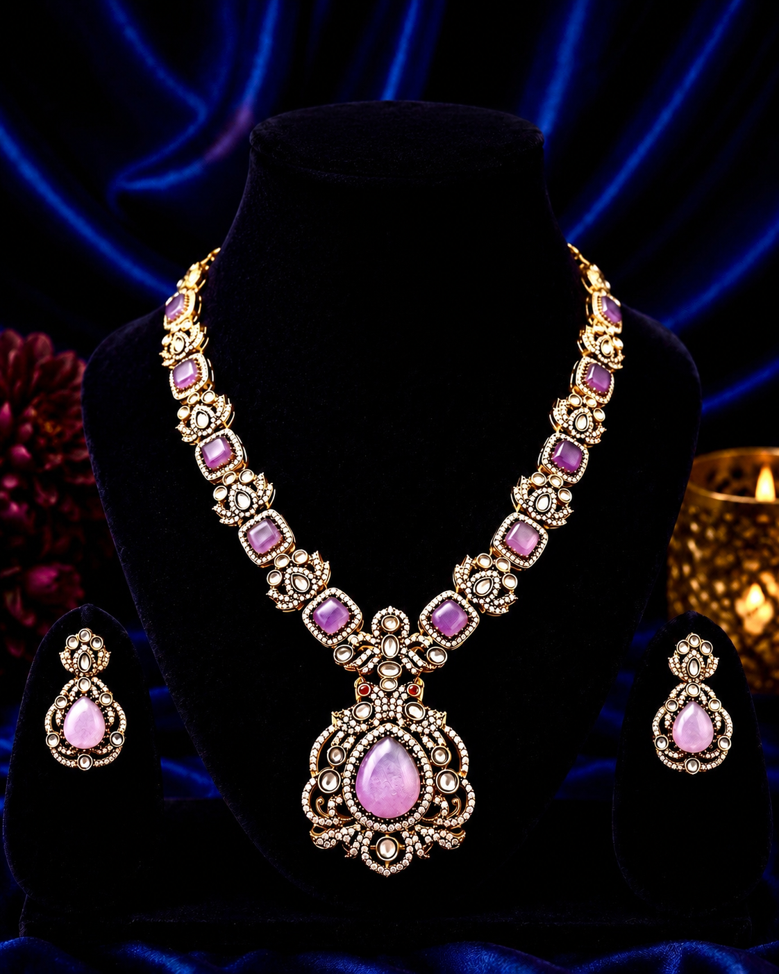 Antique Victorian Polki Kundan Stone Statement Necklace Set