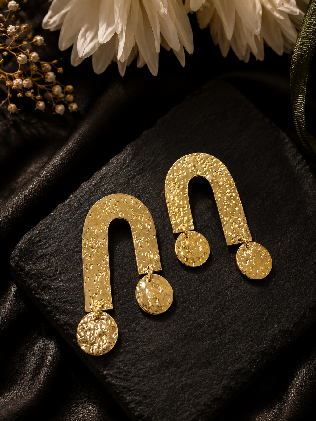 Handcrafted hammered gold arch drop earrings