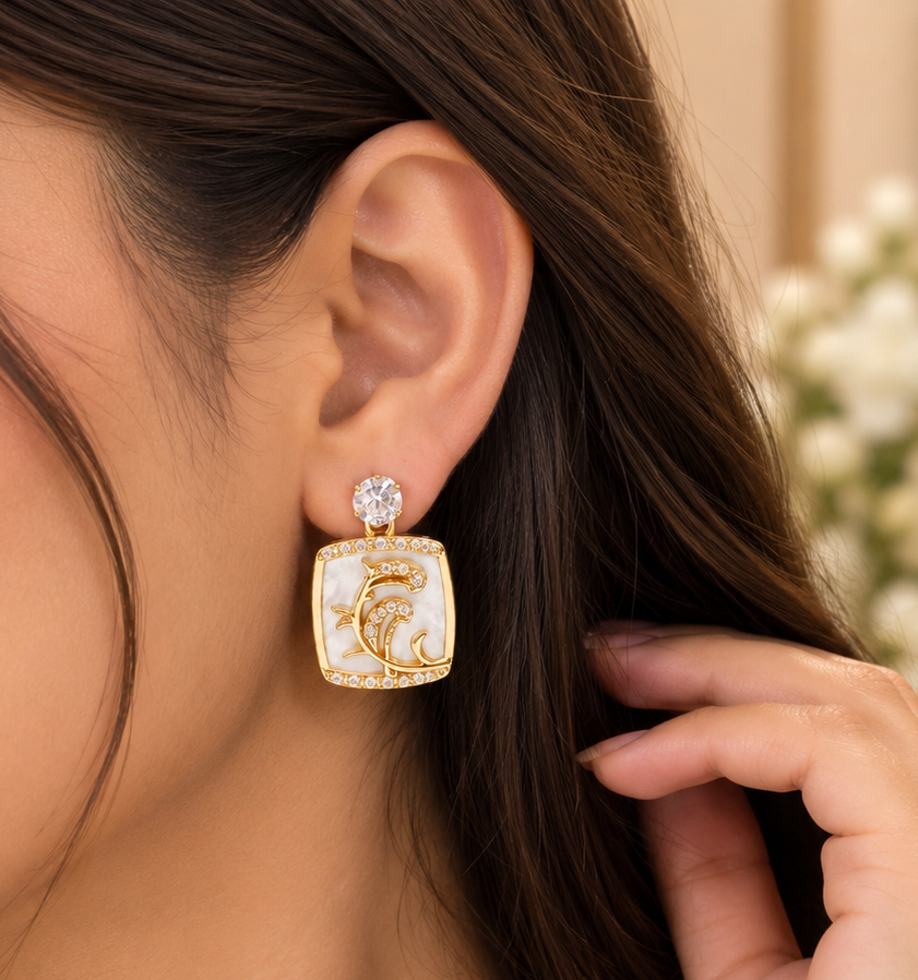 Korean-inspired cream square drop earrings