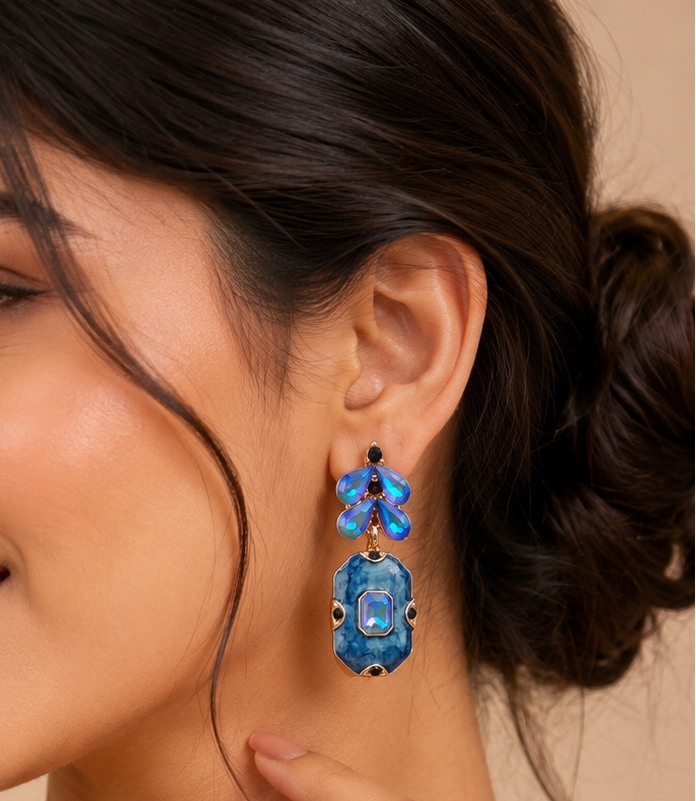 Women's vintage-inspired blue enamel crystal drop earrings