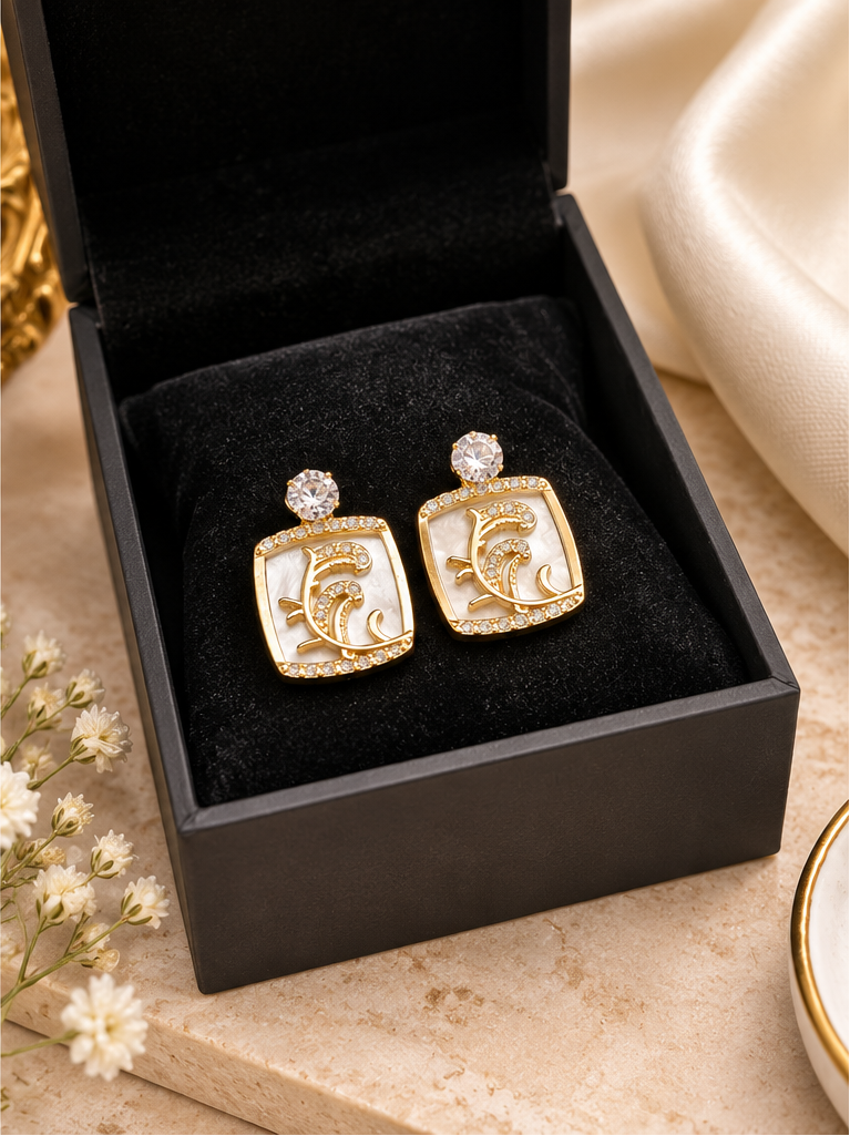 Korean-inspired cream square drop earrings