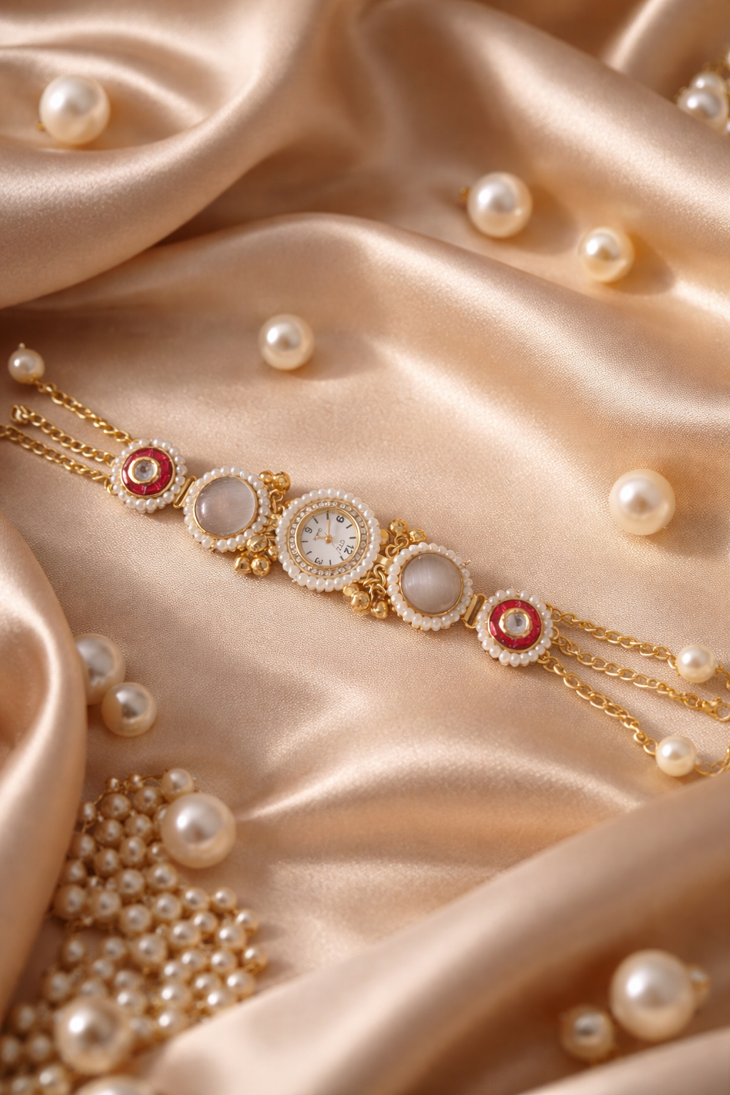 Kashmiri Kundan & Pearl Bracelet Watch(gray)