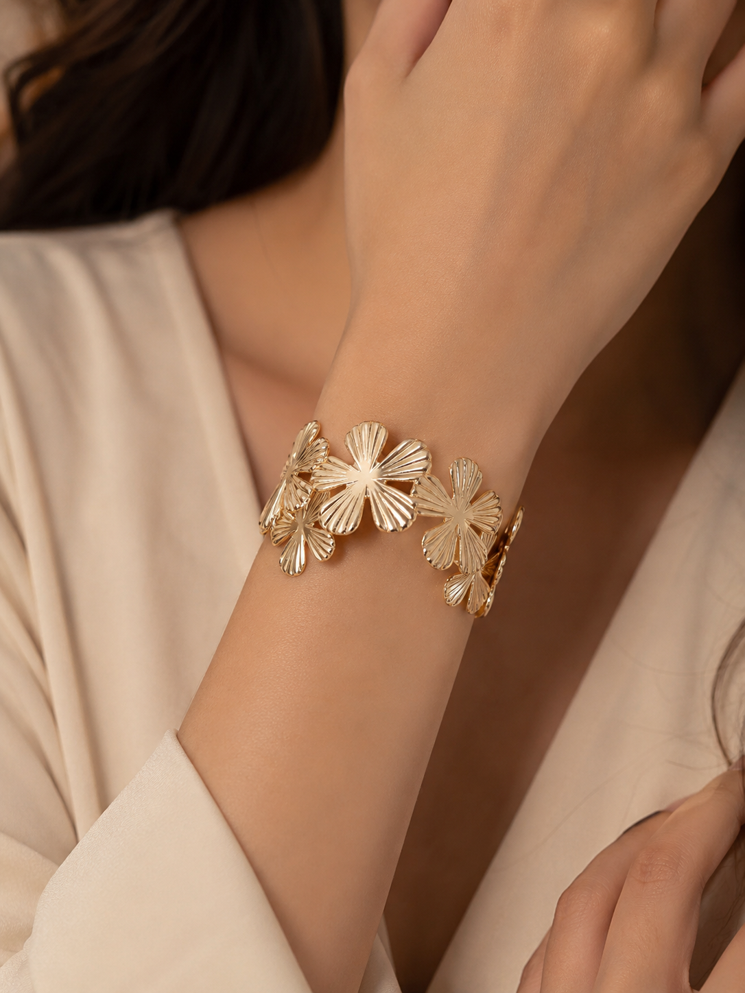 Gold Plated Anti Tarnish Stainless Steel Floral Themed Cuff