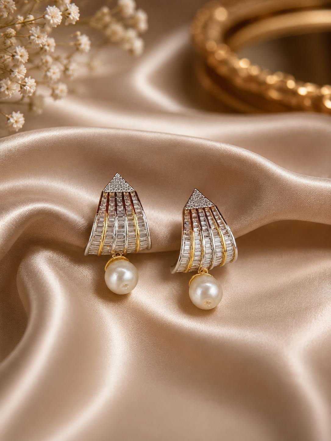 Dual-Tone American Diamond Fan Pearl Drop Earring