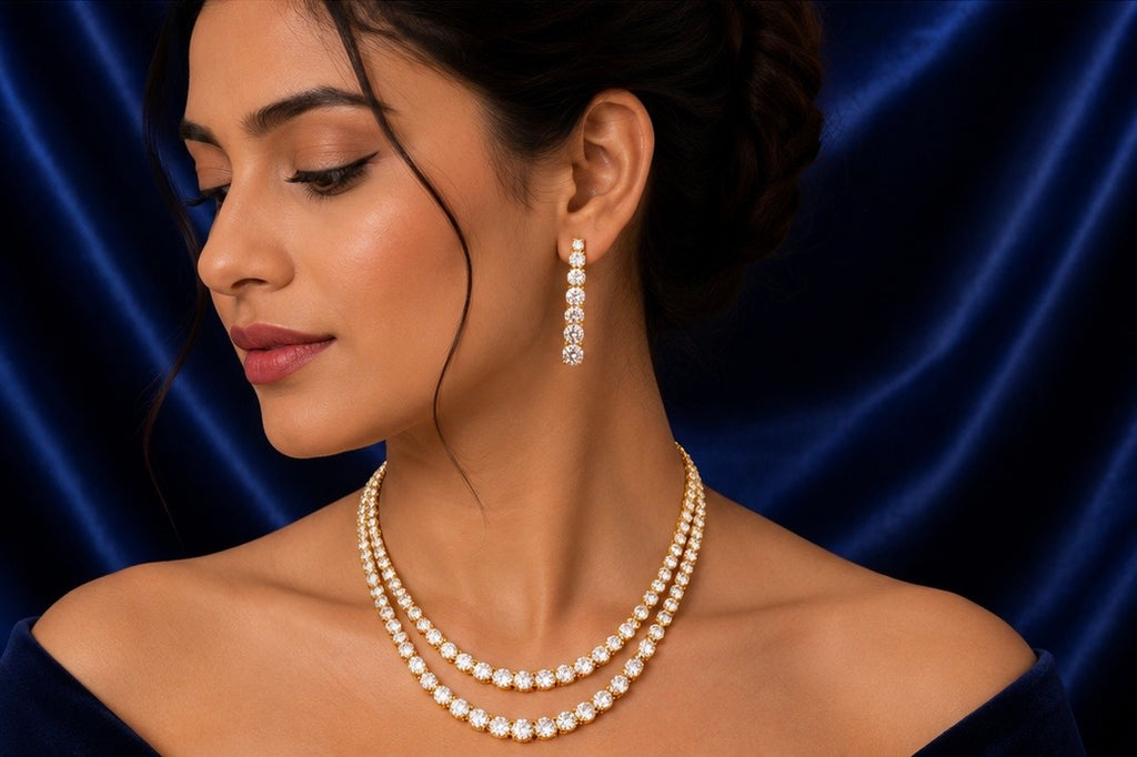 Double-Layer Gold-Plated American Diamond  Big Solitaire Tennis Necklace Set