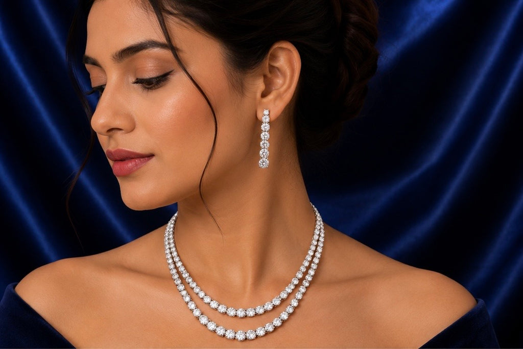 Double-Layer Silver-Plated American Diamond Big Solitaire Tennis Necklace Set