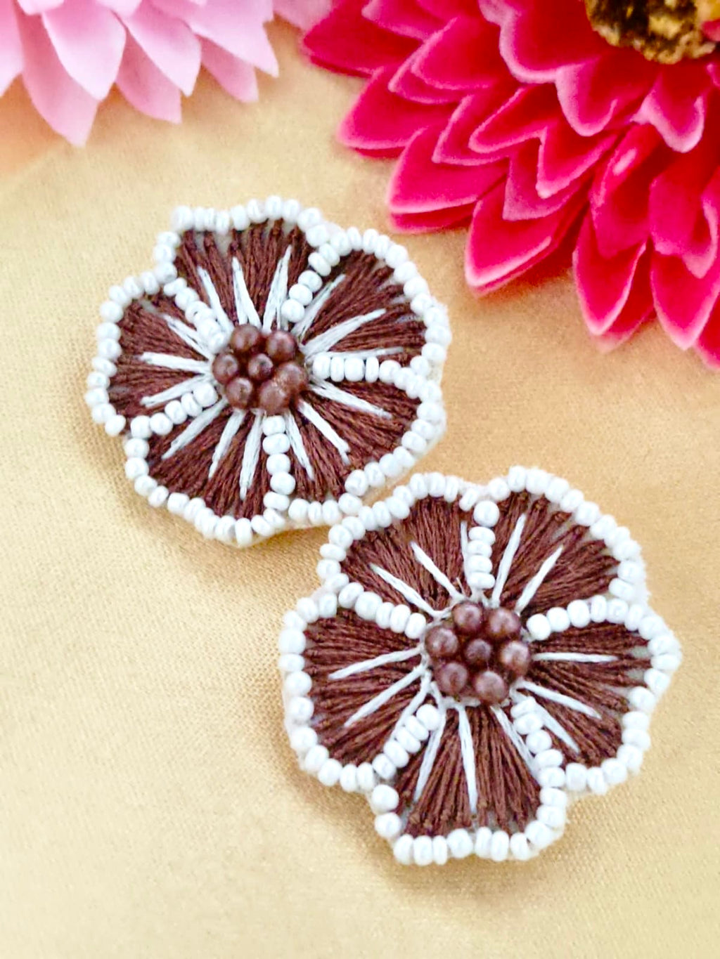Handcrafted floral embroidered stud earrings