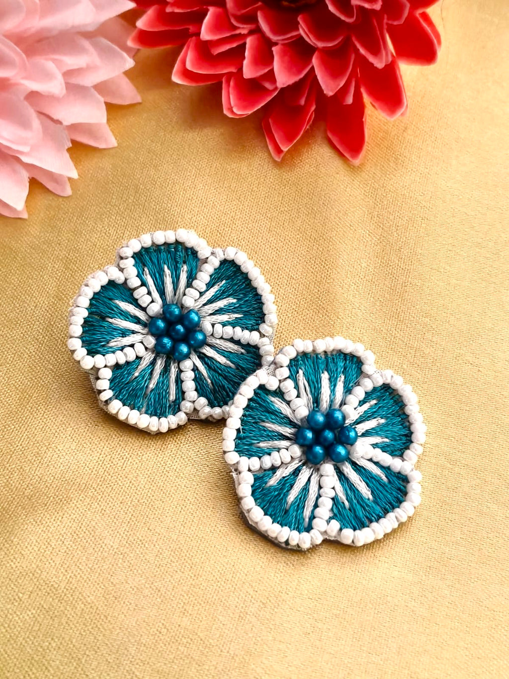 Handcrafted floral embroidered stud earrings