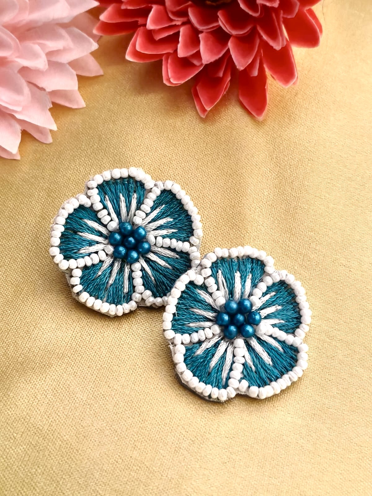 Handcrafted floral embroidered stud earrings