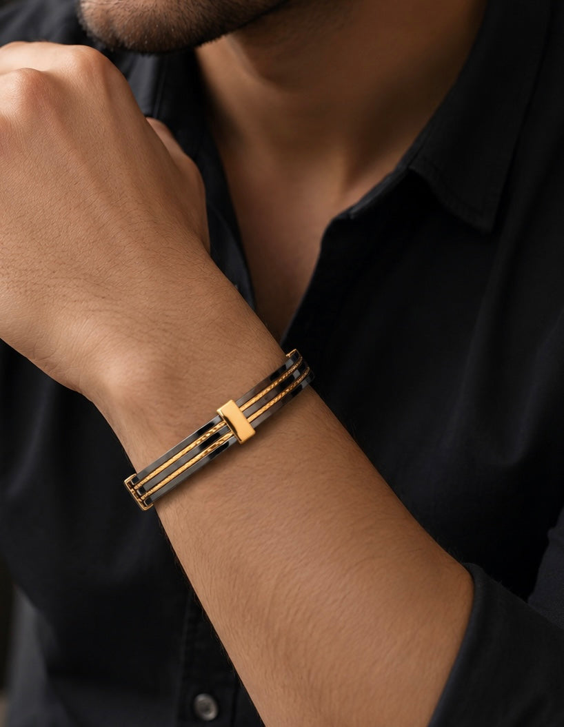 Dual-Strand Cable Wire Black & Gold Kada Men