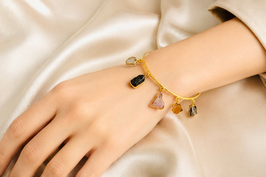 Brass Charm Bracelet With Multicolour Raw Stone