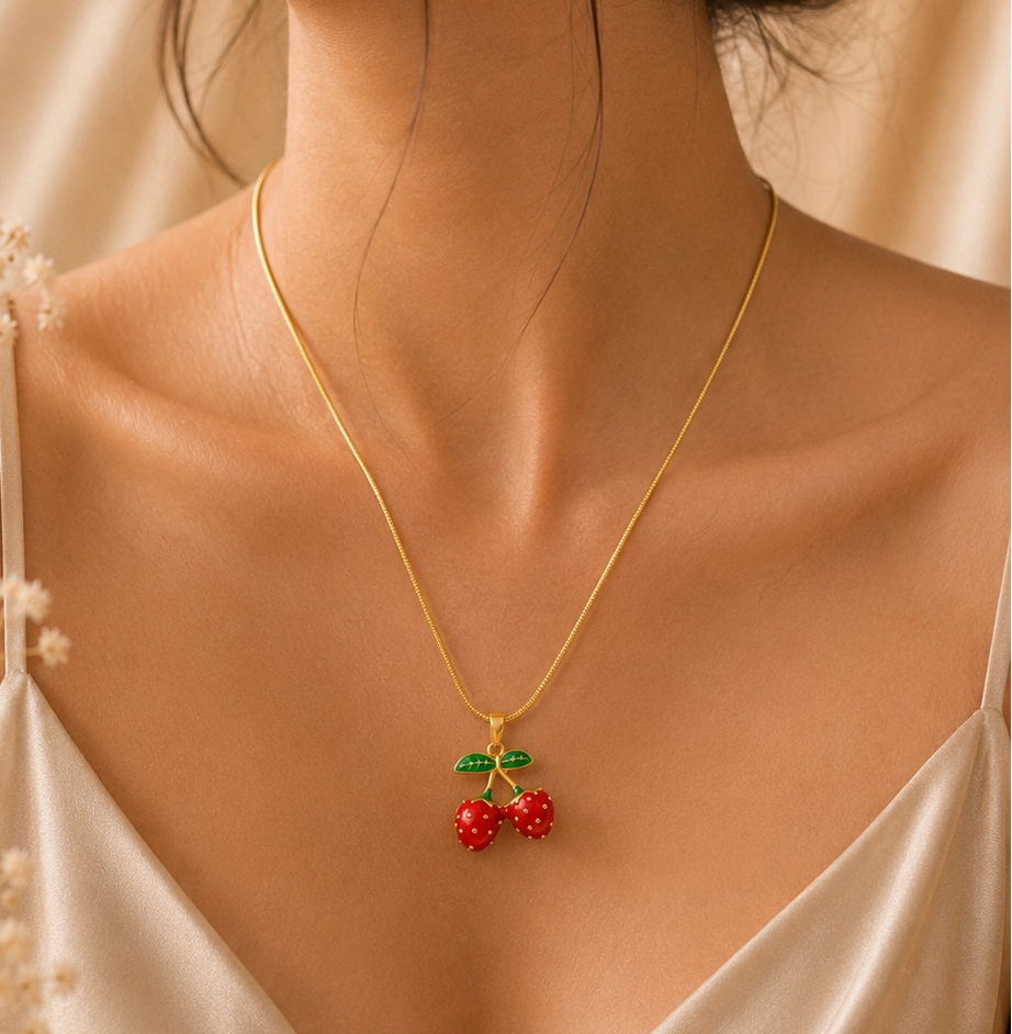 Vibrant Enameled Cherry Pendant Necklace