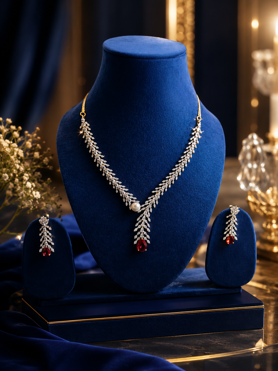 Ruby red stone and American diamond necklace set