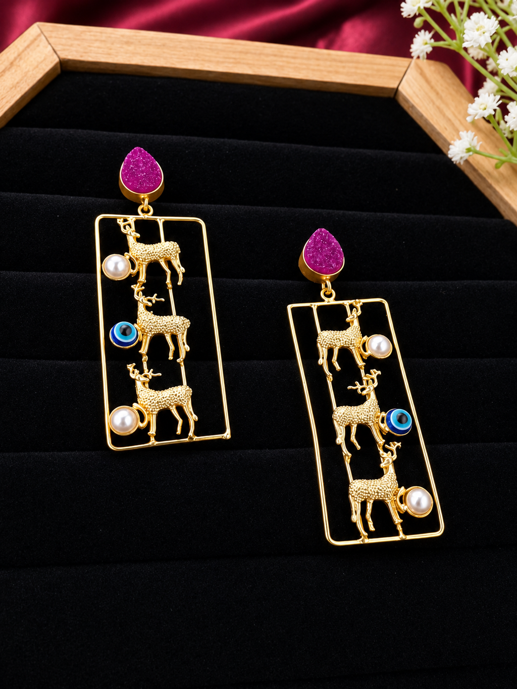 Vintage Indo-Modern Deer & Evil Eye Statement Earrings