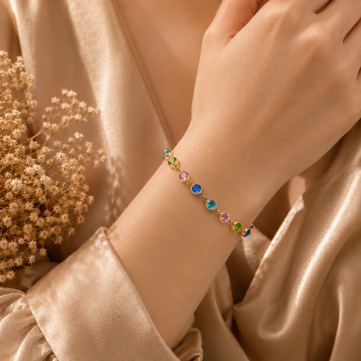 Multicolor bezel-set crystal  gold chain bracelet