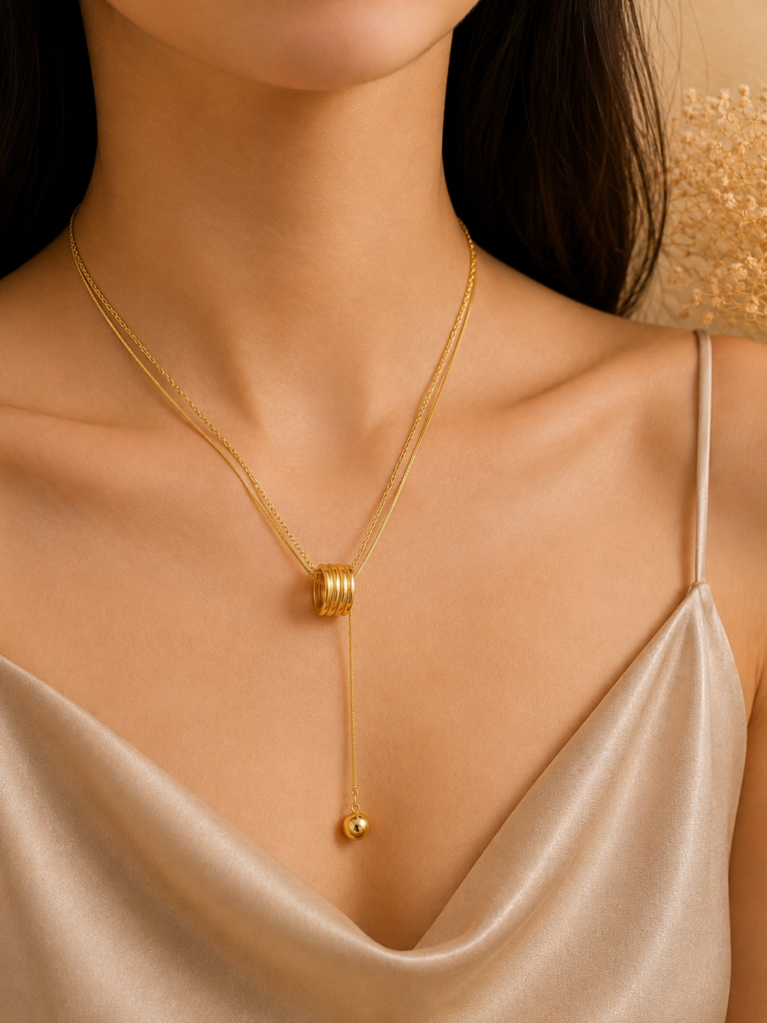 Elegant Dual-Layer Gold Lariat Ball Necklace