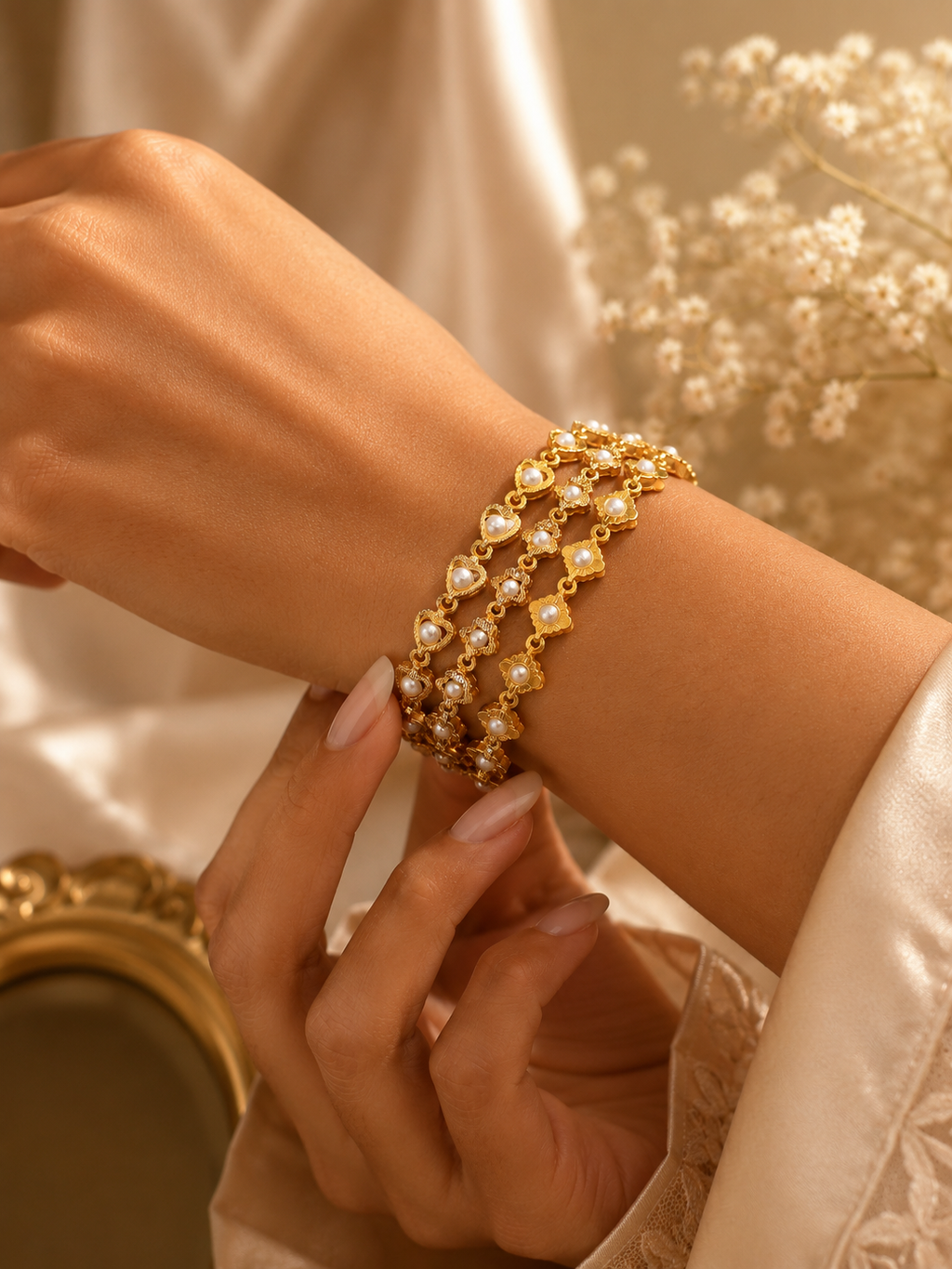 Pearl-accented clover and heart multi-layer bracelet stack