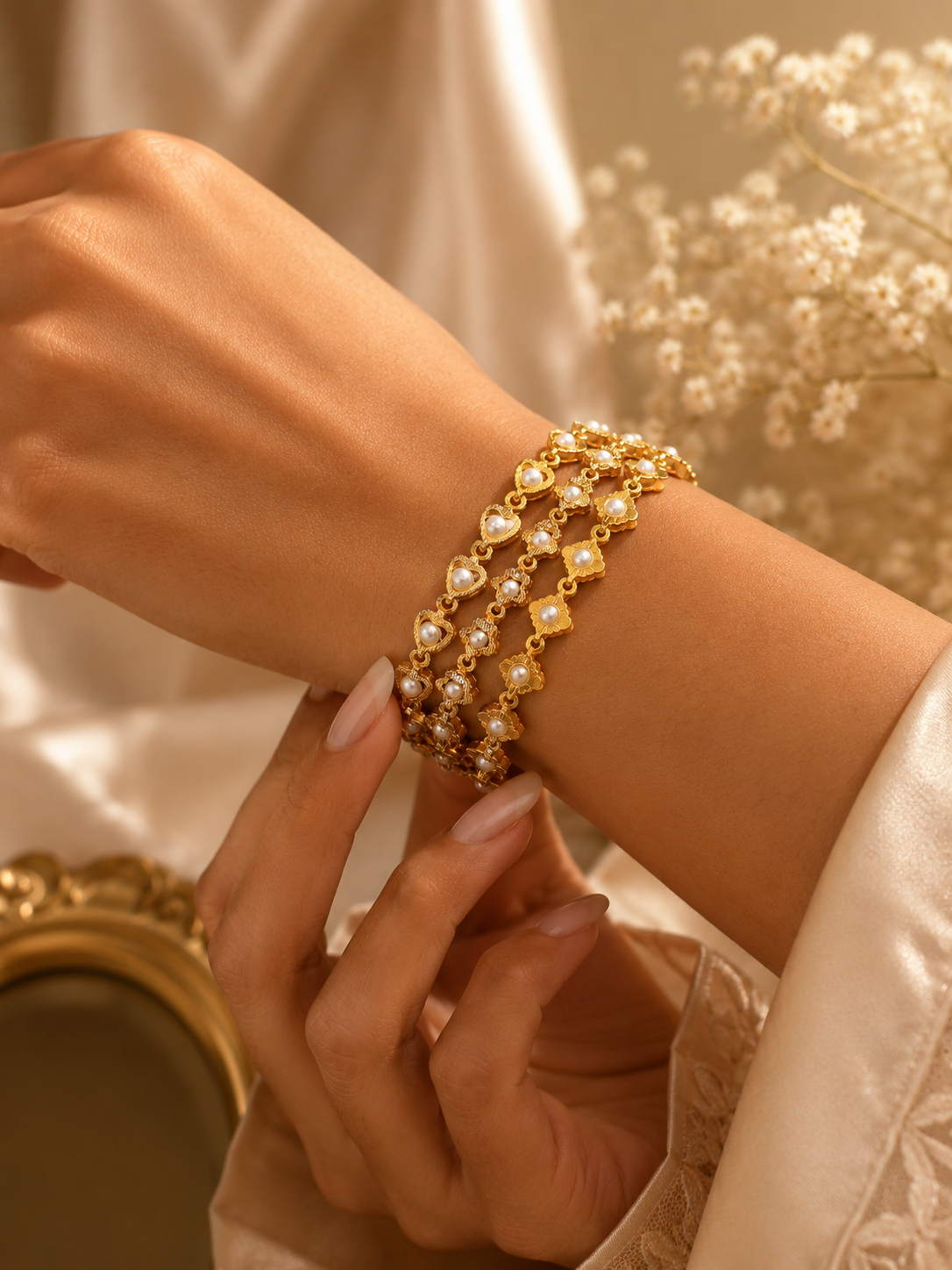 Pearl-accented clover and heart multi-layer bracelet stack