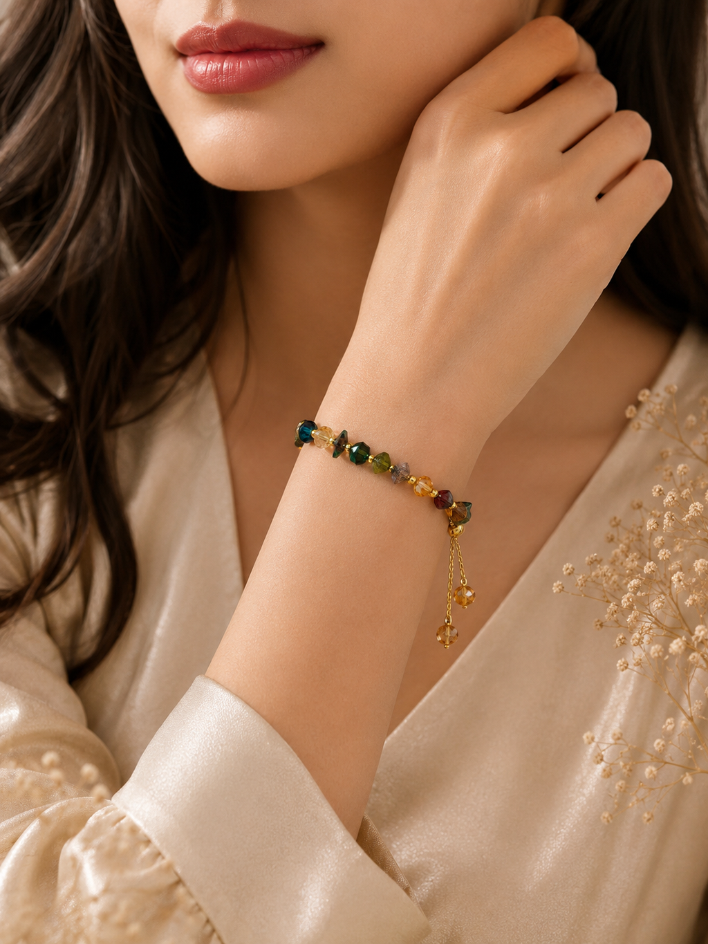 Multi-colored faceted crystal slider bracelet
