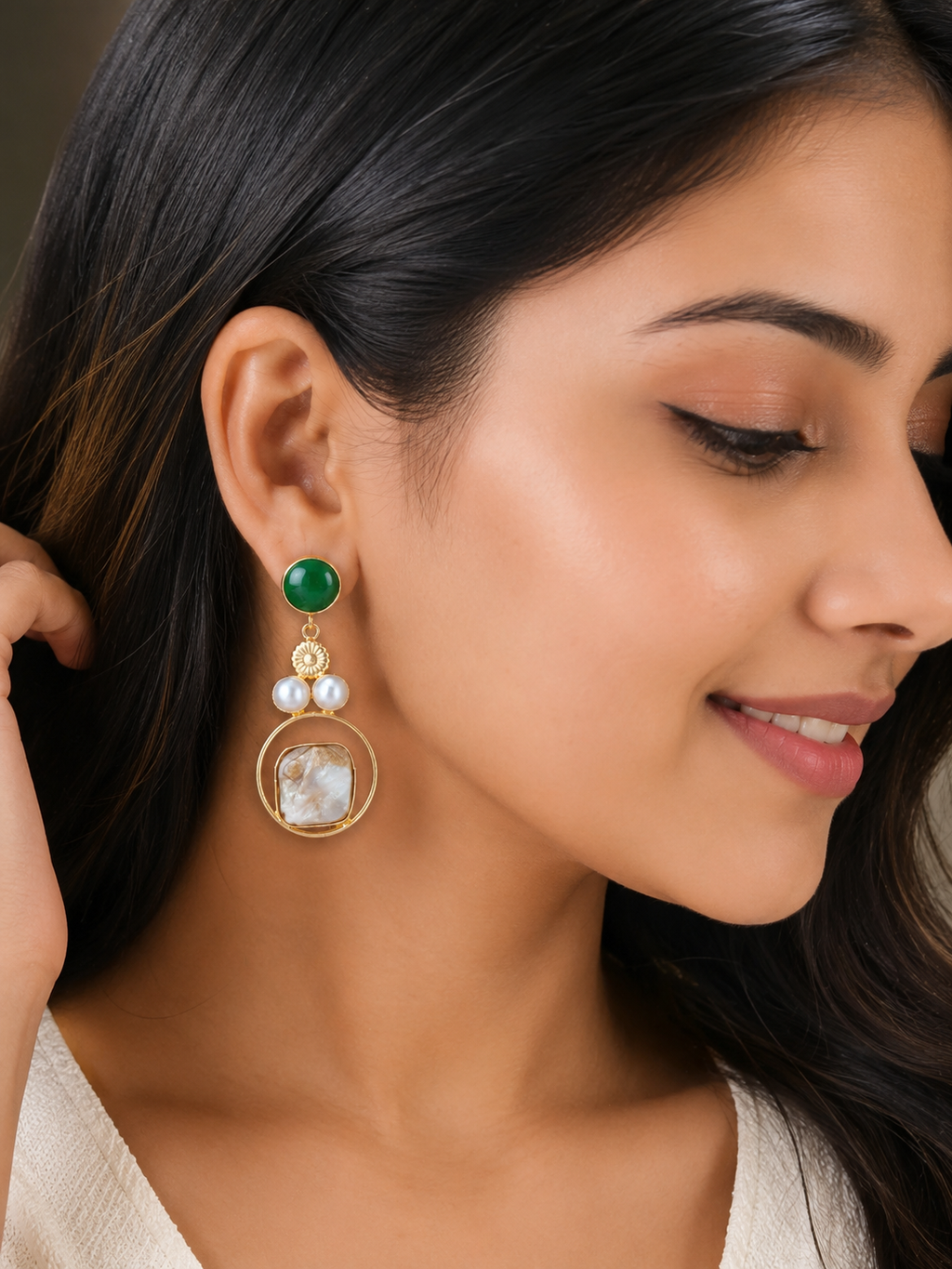 Emerald-green and mother-of-pearl statement drop earrings