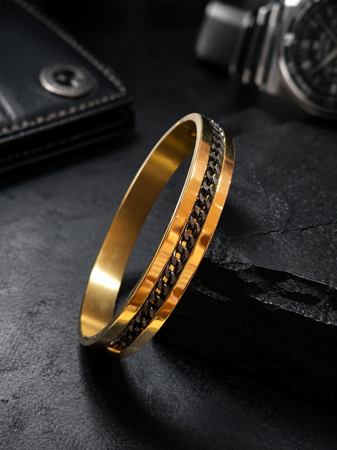 Industrial yellow gold and black curb chain men's bracelet