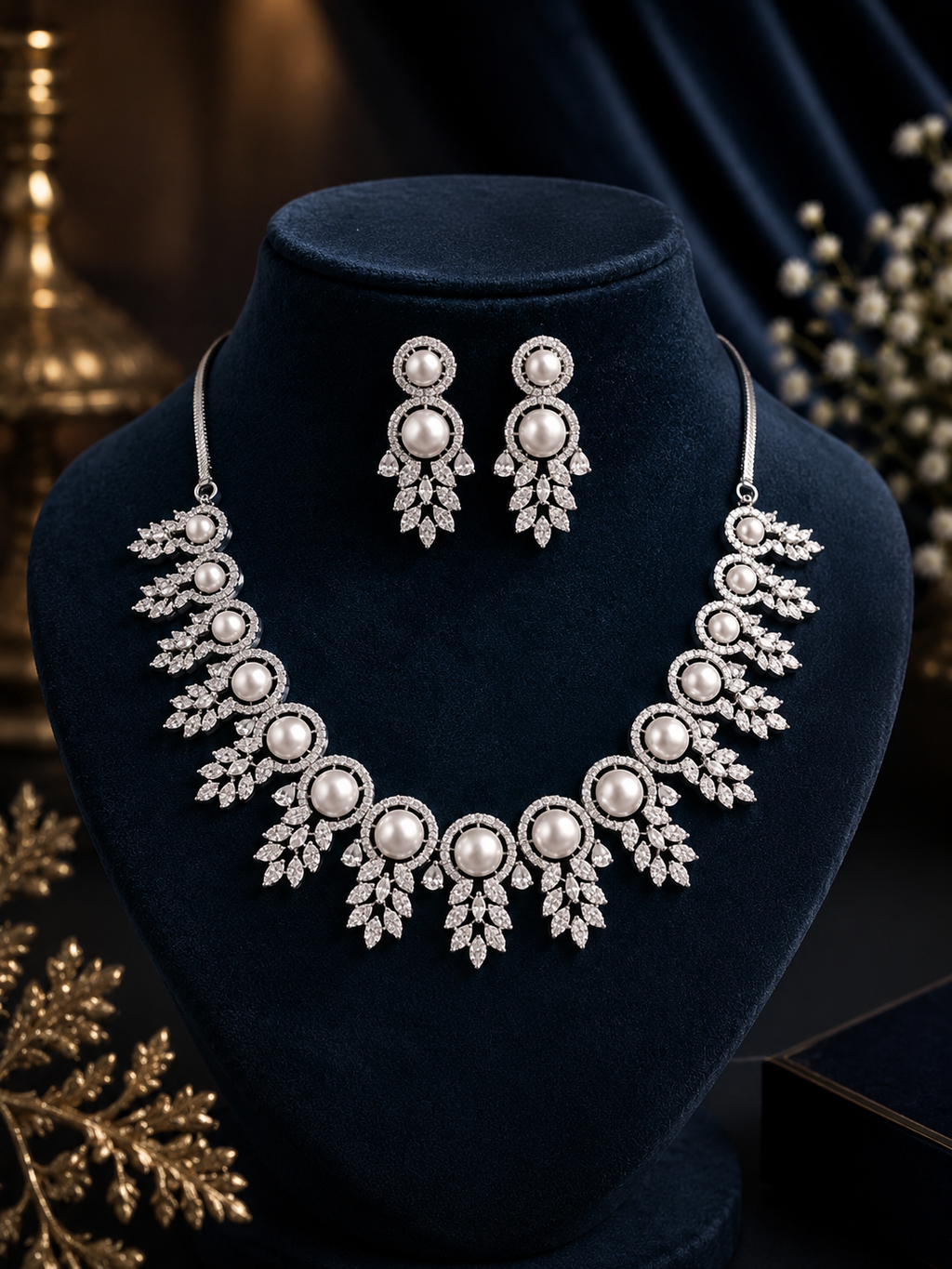 luxurious faux pearl and American diamond necklace set