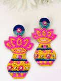 Handmade Kalash and lotus beaded statement earrings.