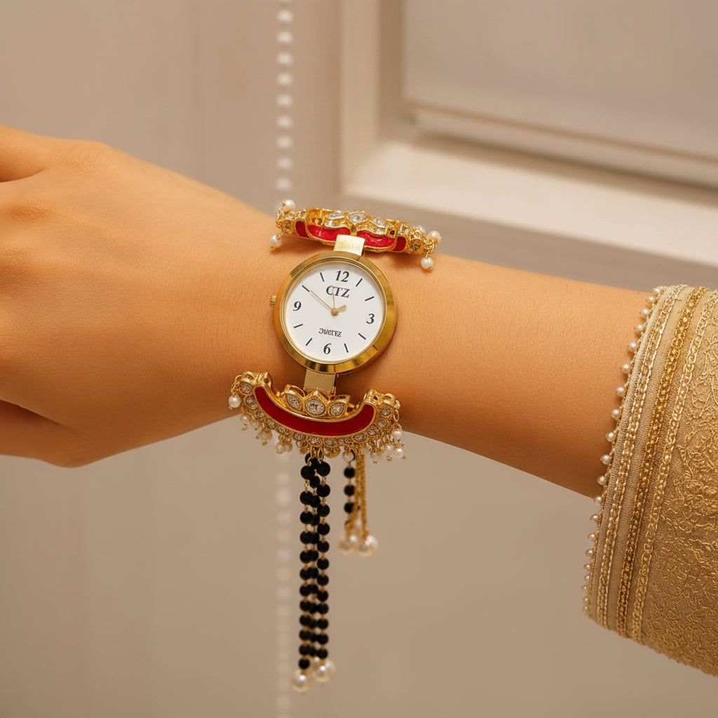 Kashmiri Kundan Moon Watch Bracelet
