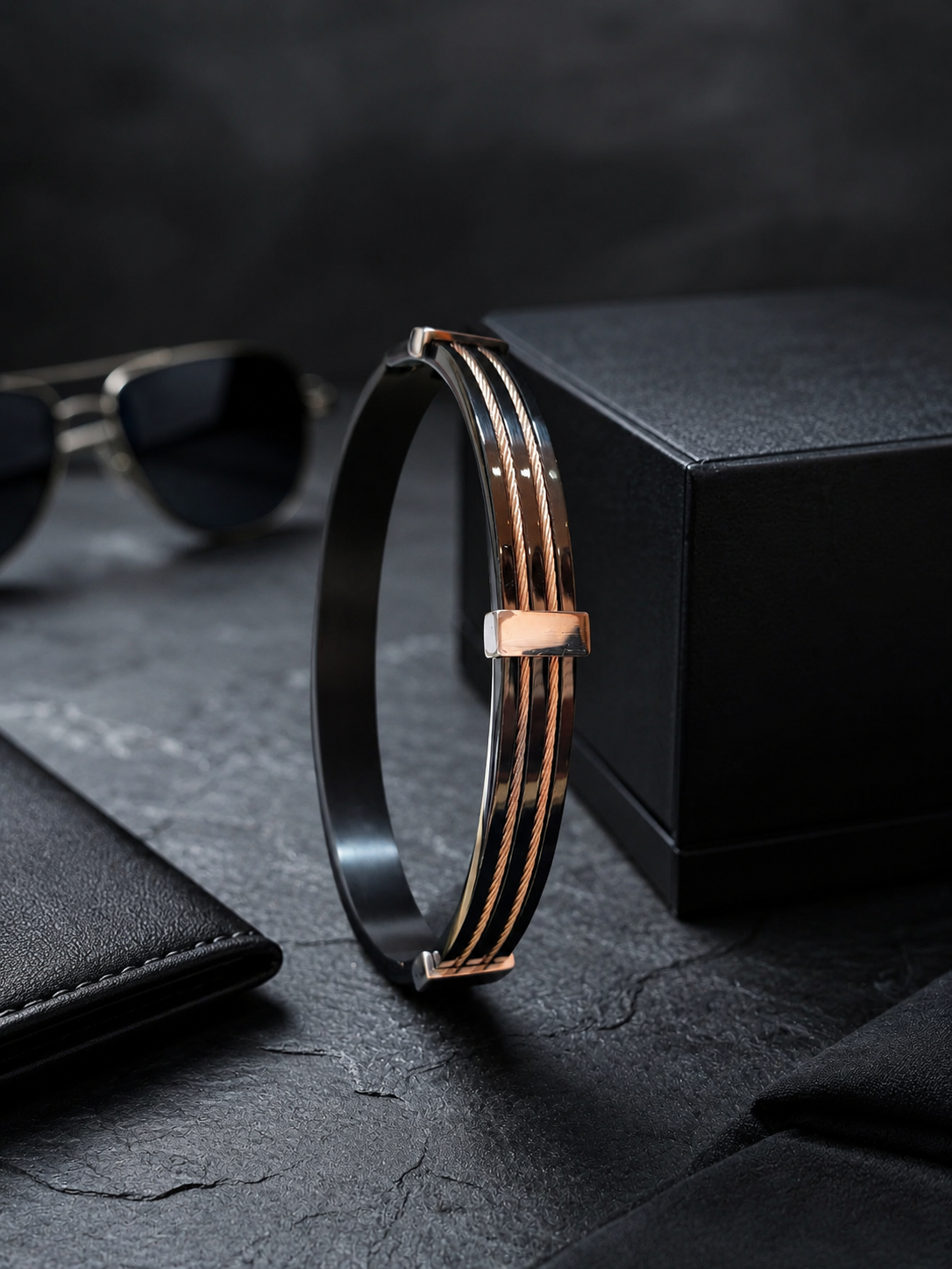 Industrial black and rose gold cable men's bracelet
