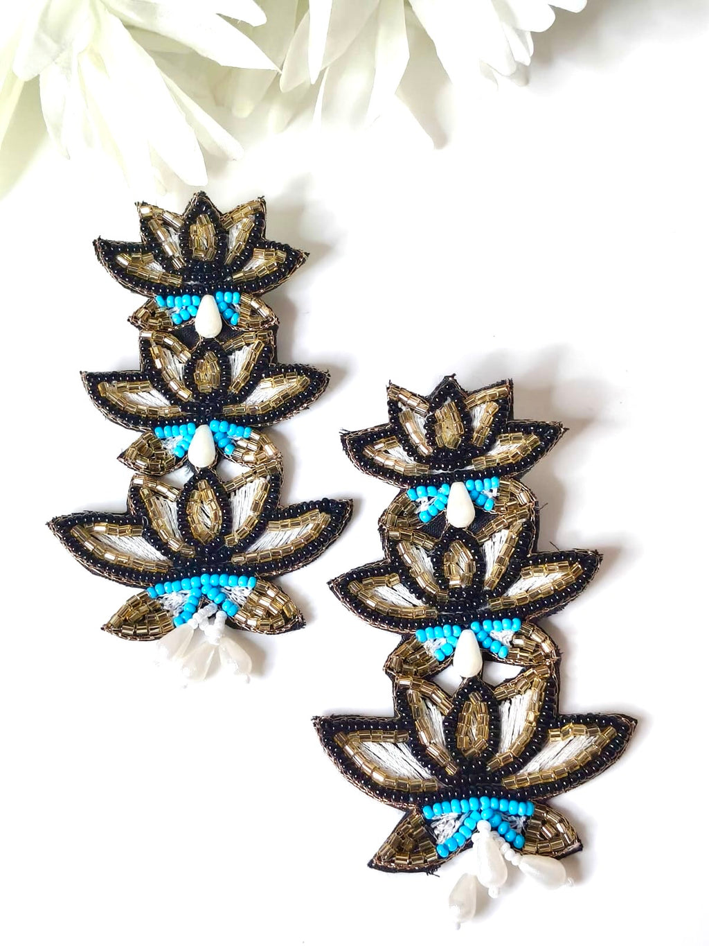 Handmade Three-Tier Beaded Lotus Statement Earrings