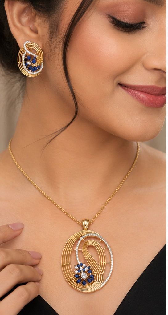 Gold-Plated Oval Spiral American Diamond Pendant Set