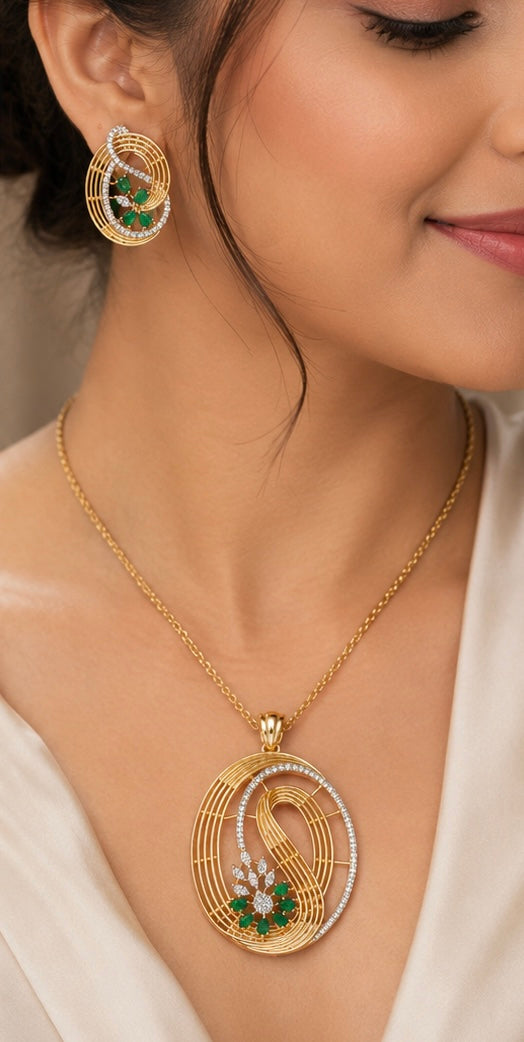 Gold-Plated Oval Spiral American Diamond Pendant Set
