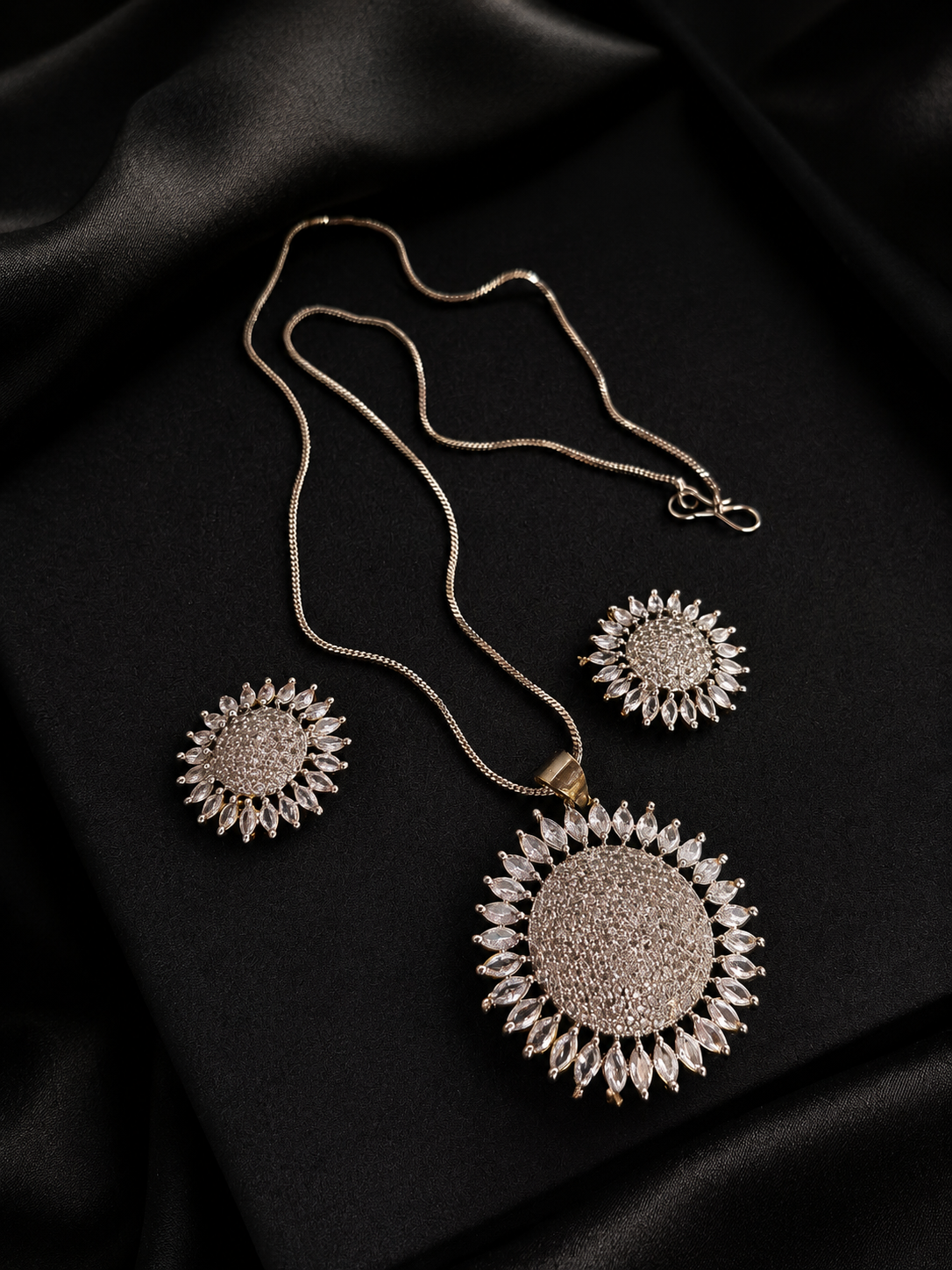 Radiant Sunburst American Diamond Pendant Set
