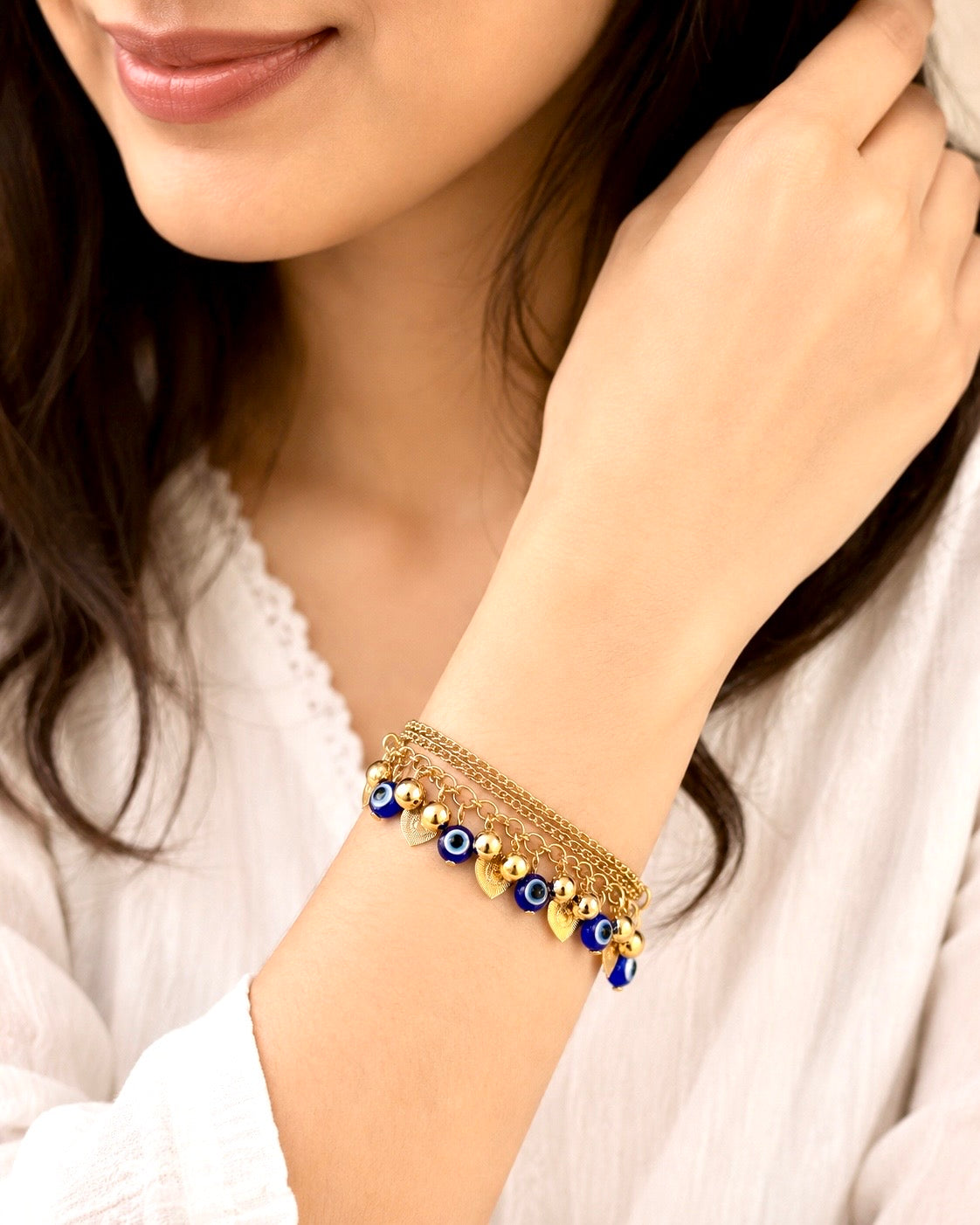 Multi-Layer Gold Chain Dangling Heart And Evil Eye Charm Bracelet