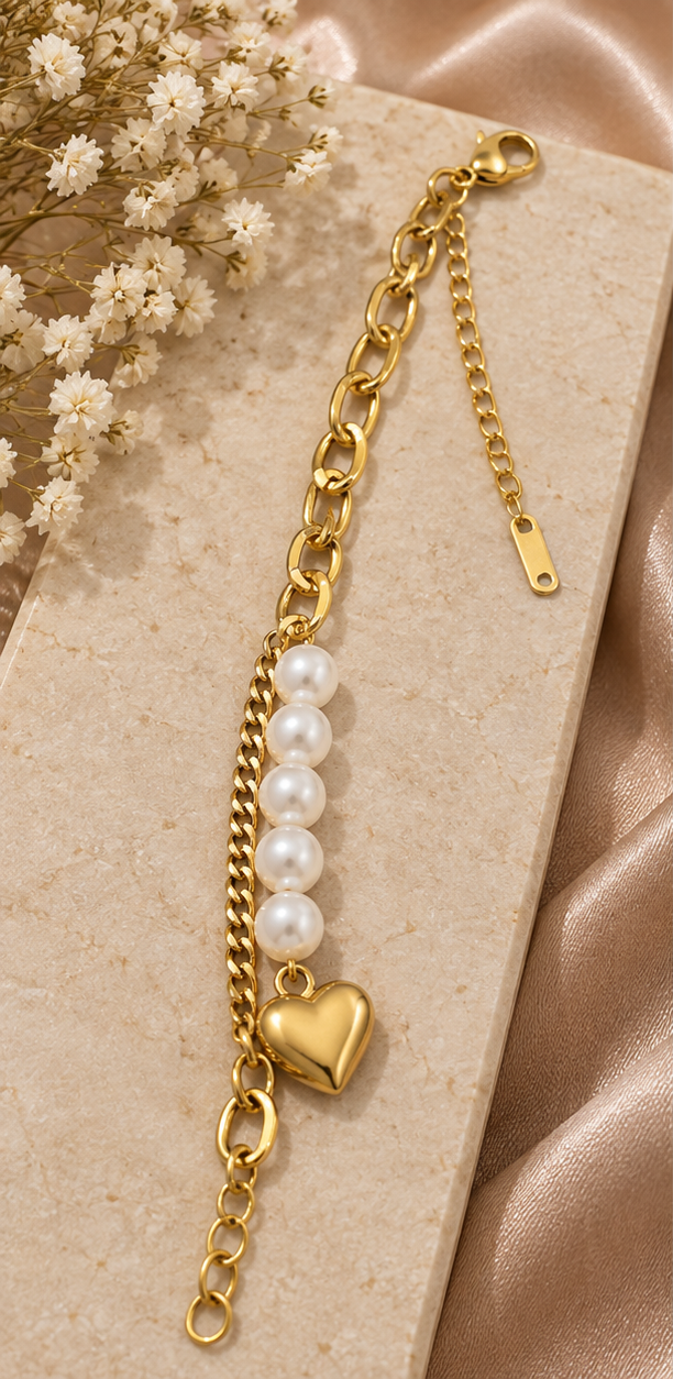 Layered heart pearl link bracelet
