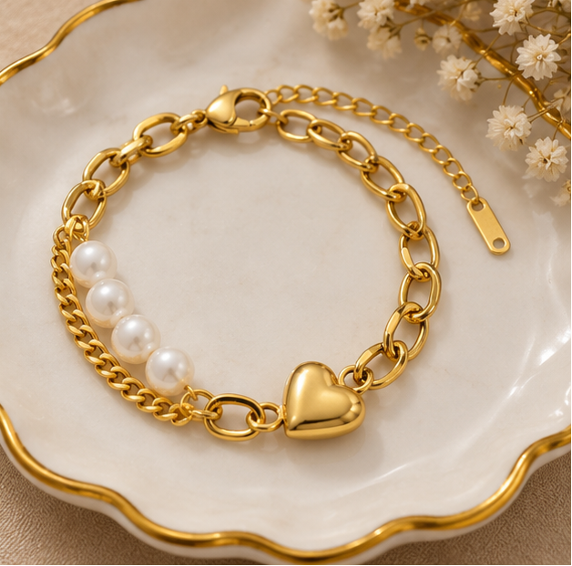 Layered heart pearl link bracelet