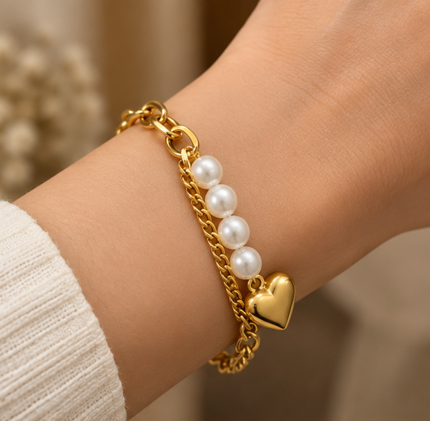 Layered heart pearl link bracelet