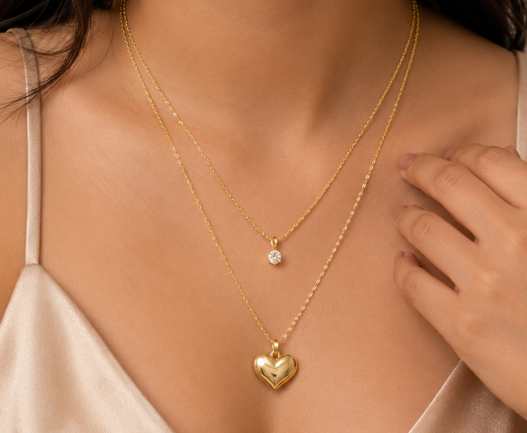 Dainty Layered Crystal & Puffed Heart Charm Necklace