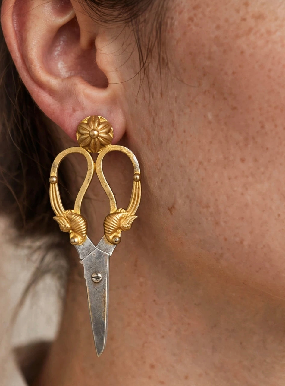 Vintage-style ornate scissor drop earrings