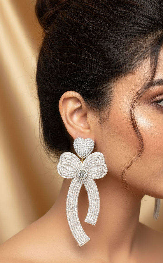 Handcrafted Beaded Bow Statement Dangle Earrings